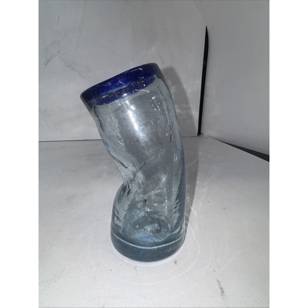 Crooked Bent Cup Hand Blown Glass Clear Blue‎ Trim leaning unique  Heavy 7"